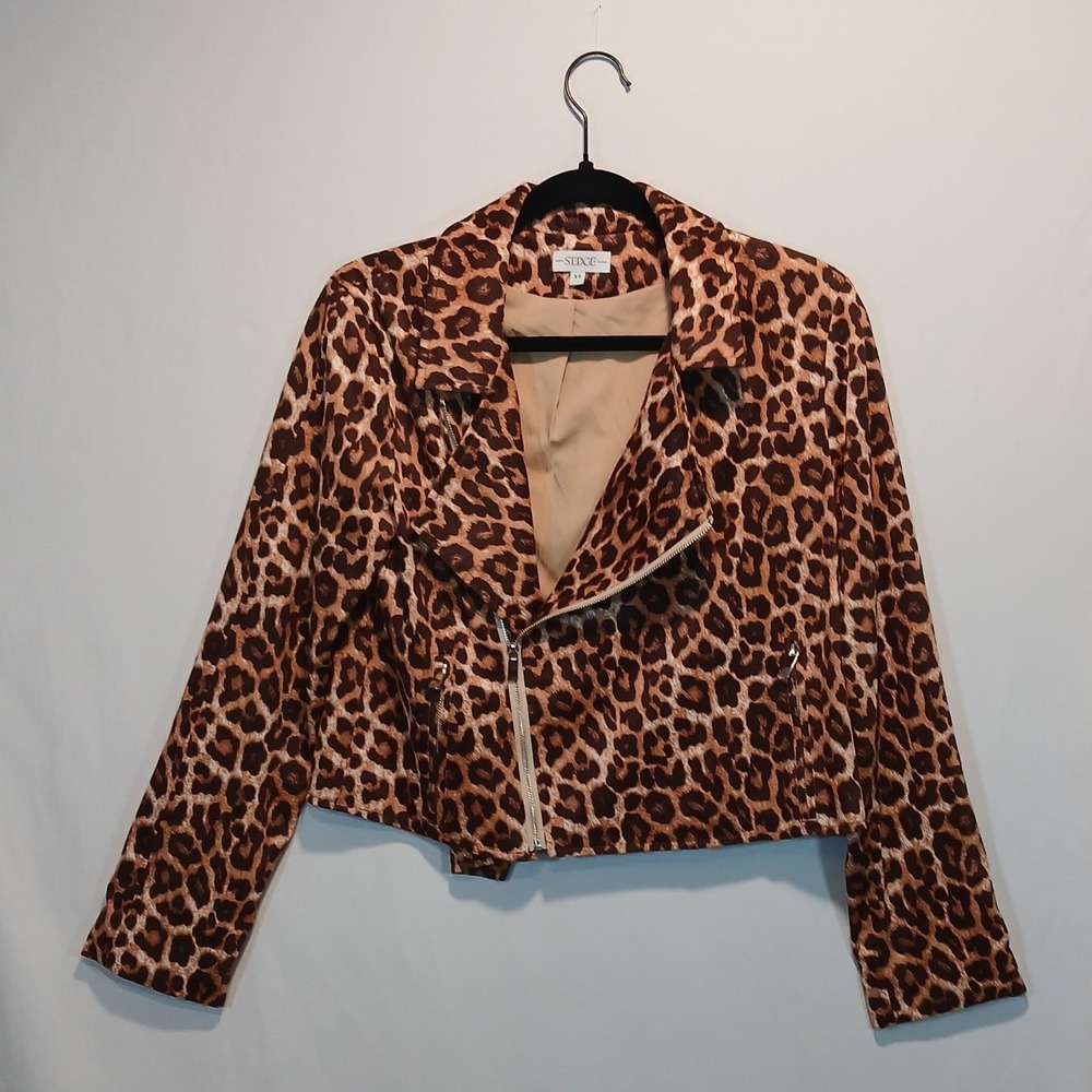 S'EDGE XS Leopard Moto Jacket Soft Chic Biker Animal Print Grunge Rocker Y2K